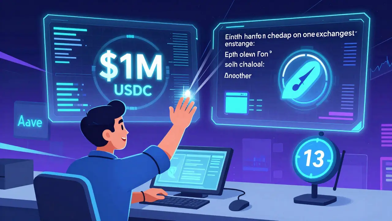 Trader executing a flash loan with holographic charts and a 13-second timer counting down.