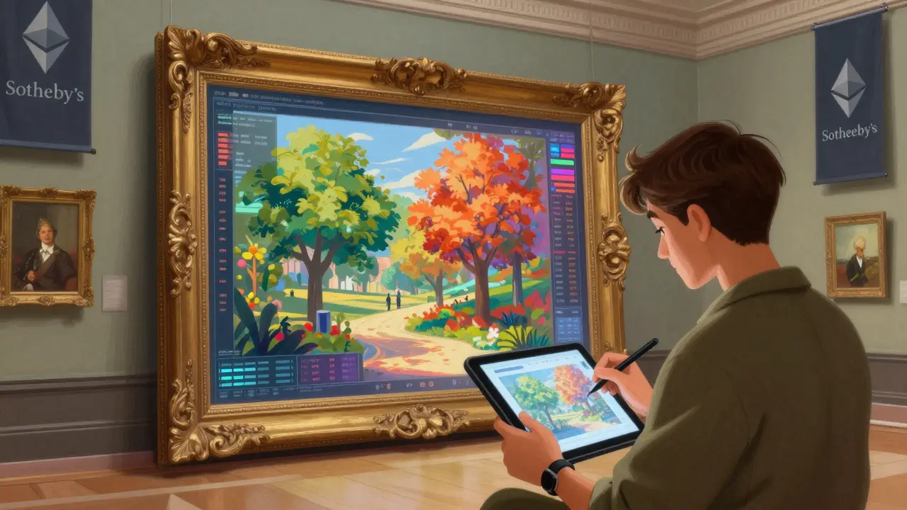 A classic oil painting in a museum reveals a dynamic NFT underneath that changes with seasons and stock trends, while an artist mints new work.