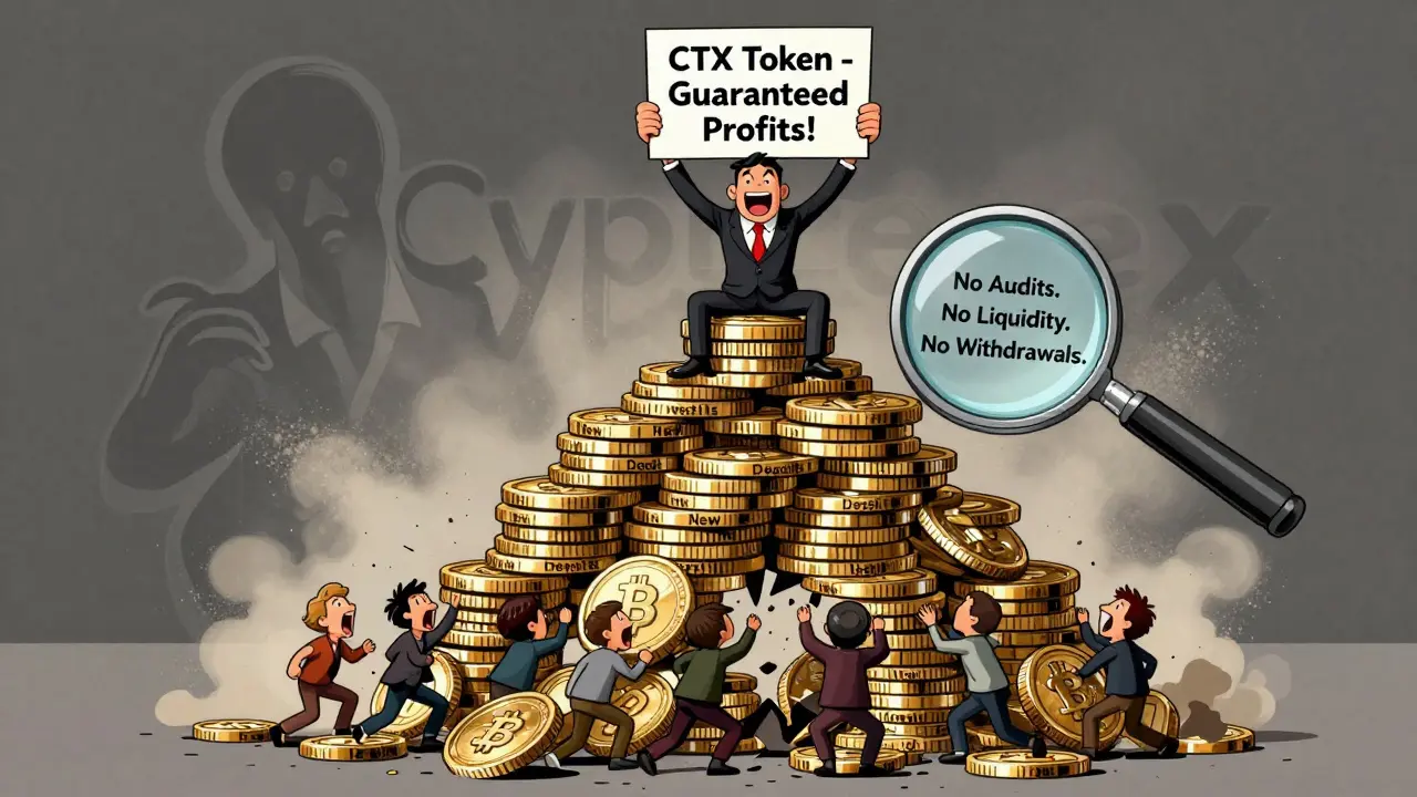 A collapsing pyramid of crypto coins labeled 'New Deposits' with a scammer at the top, surrounded by signs of fraud and empty promises.