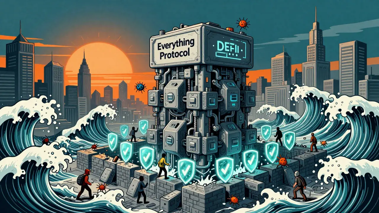 A fortified Everything Protocol contract resisting market volatility and hacker attacks, with a sunrise rising over a blockchain city.