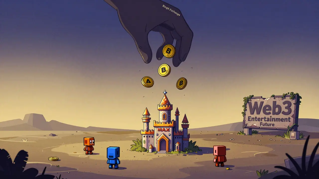 A fragile digital kingdom of MAX tokens above an empty gaming arena, with a shadowy hand dropping tokens from above.