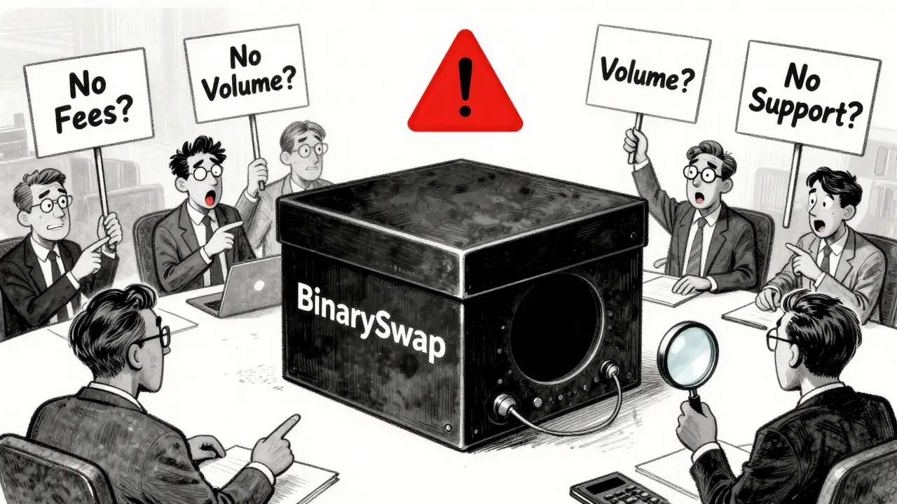 A giant black box labeled BinarySwap surrounded by confused traders holding question signs.