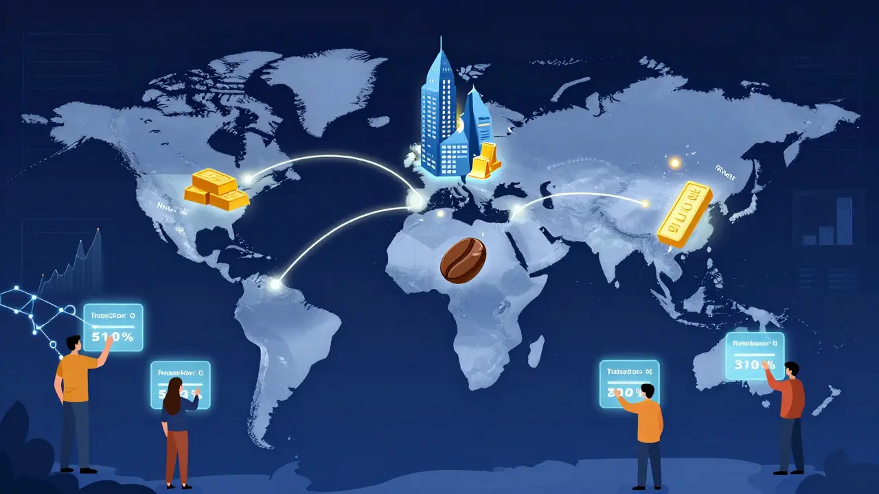 A global map with glowing tokenized assets traveling between financial hubs like New York, Singapore, and Riyadh, connecting diverse investors.
