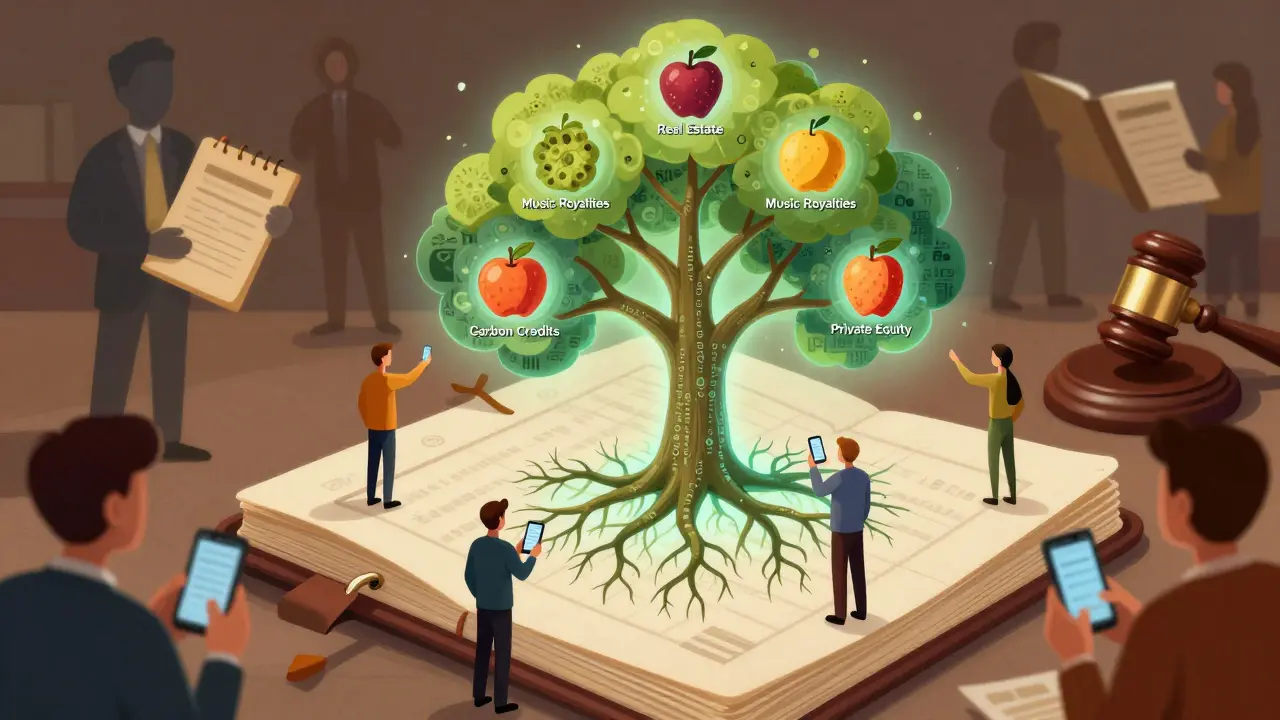 A glowing blockchain tree bears fruit representing real-world assets, with people trading them while outdated documents fade away.