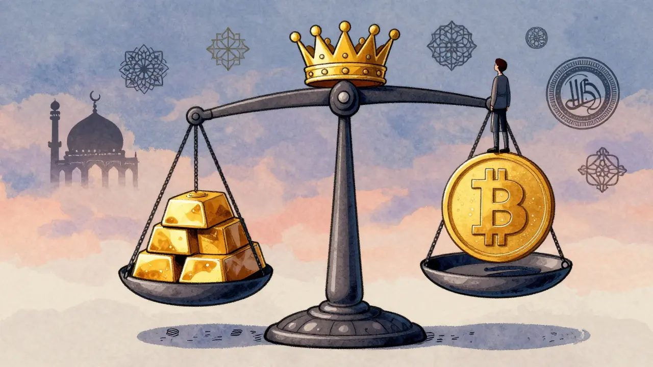A scale balancing gold and Bitcoin, with a crown above, surrounded by religious and government symbols in twilight.