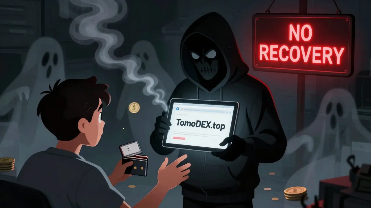 A scammer offers a fake TomoDEX site while ghostly lost funds vanish, with a 'NO RECOVERY' warning.