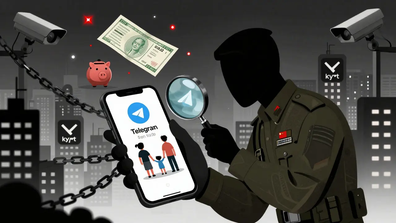 A surveillance figure tracks crypto transactions on a phone, while financial assets are chained and controlled by unseen forces.