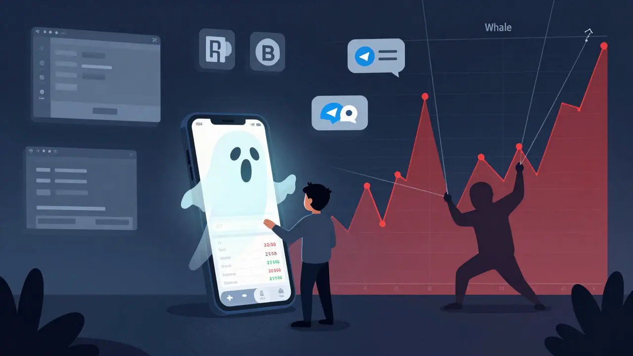 A trader watching a volatile BRO price chart, with ghostly bots and a manipulative whale in the background.