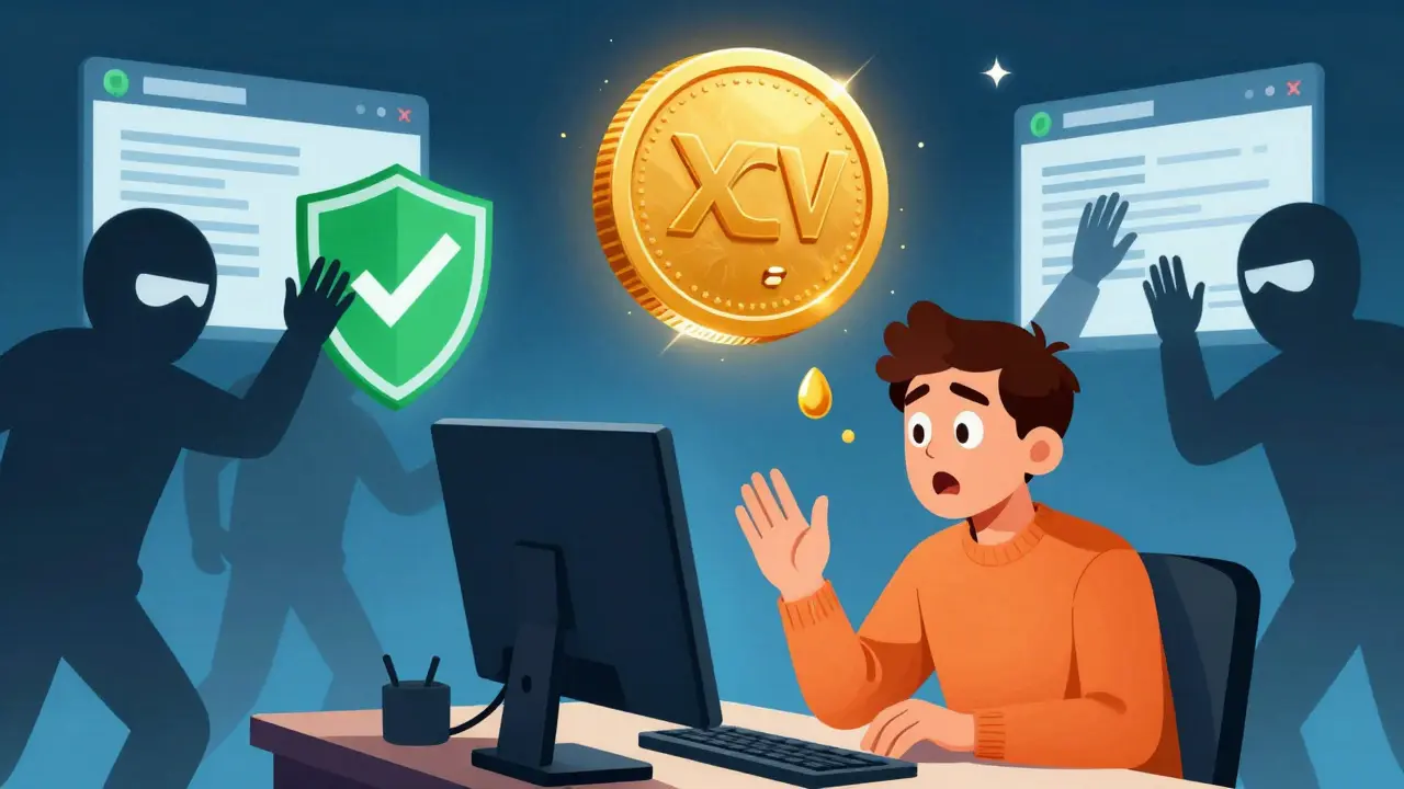 A user receiving an XCV token while scammer figures are blocked by a protective shield.