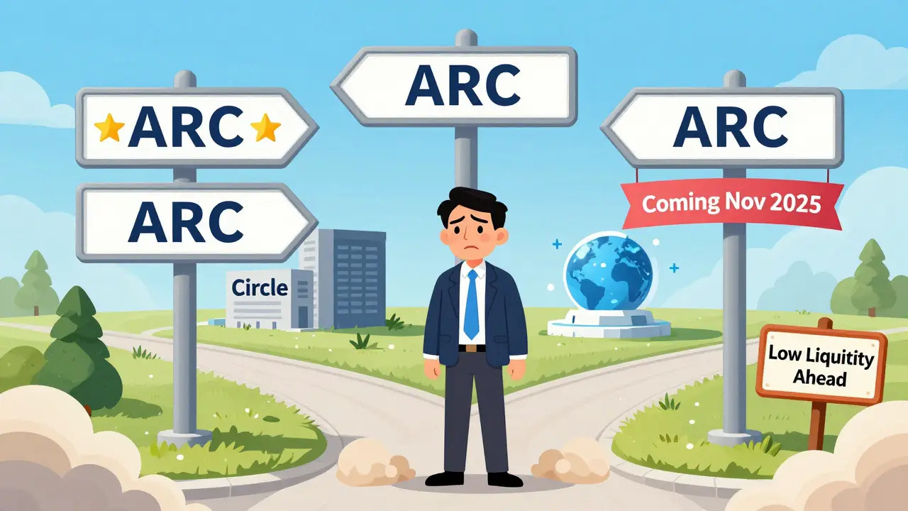 An investor confused at a crossroads with three identical ARC signs leading to different crypto projects.