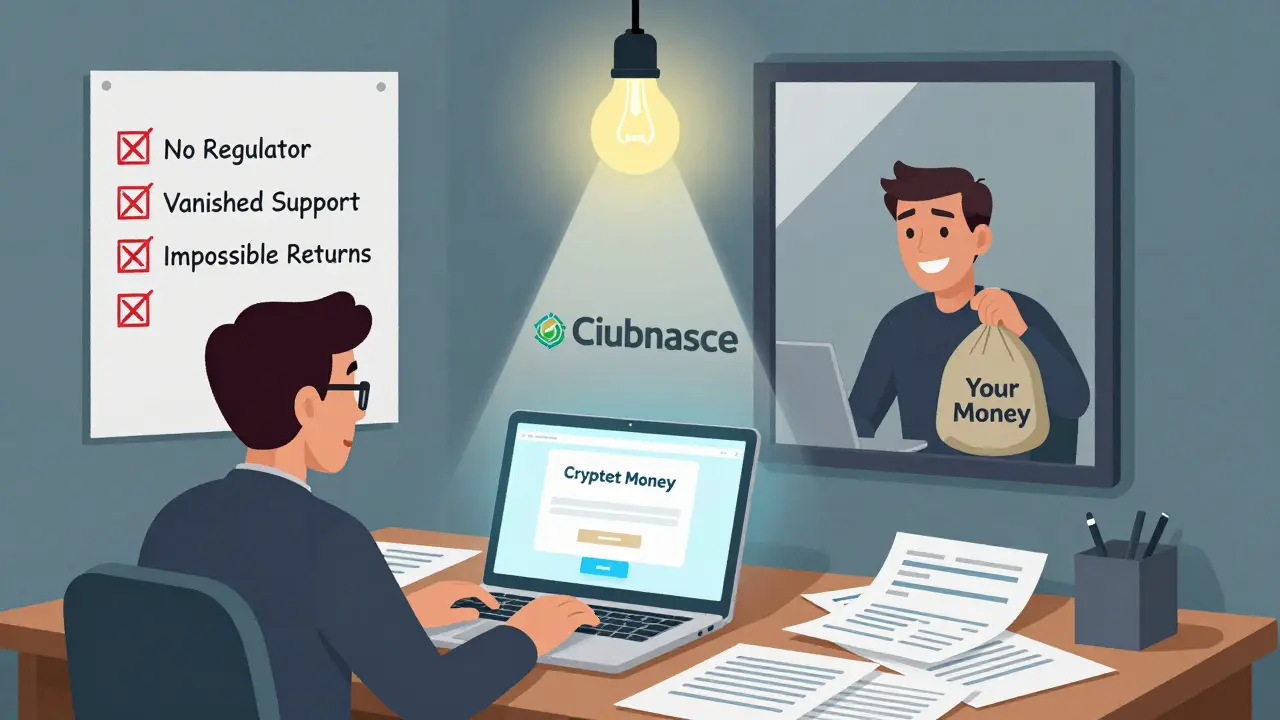 An investor surrounded by frozen account screens, their reflection showing a scammer, with a checklist of red flags on the wall.