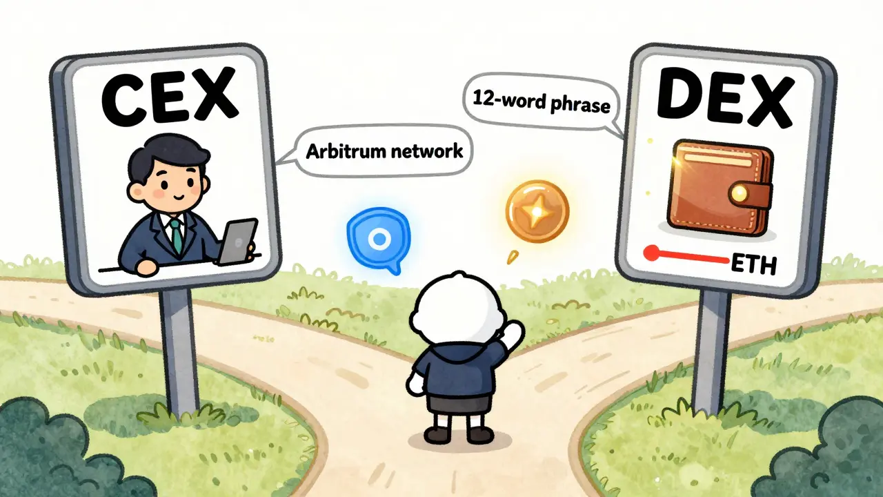 Beginner at a crossroads choosing between centralized and decentralized exchange paths with helpful crypto tools nearby.