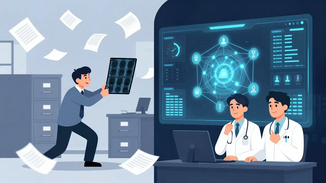 Chaotic paper fraud on one side, clean digital blockchain verification on the other, with AI detecting duplicates.