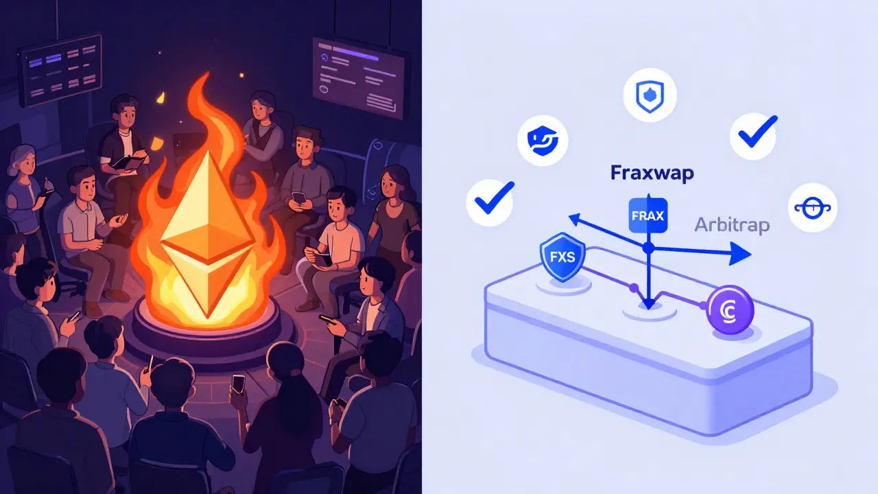 Contrast between chaotic high-fee Uniswap and calm low-fee Fraxswap, with security audit shields surrounding the peaceful trading station.
