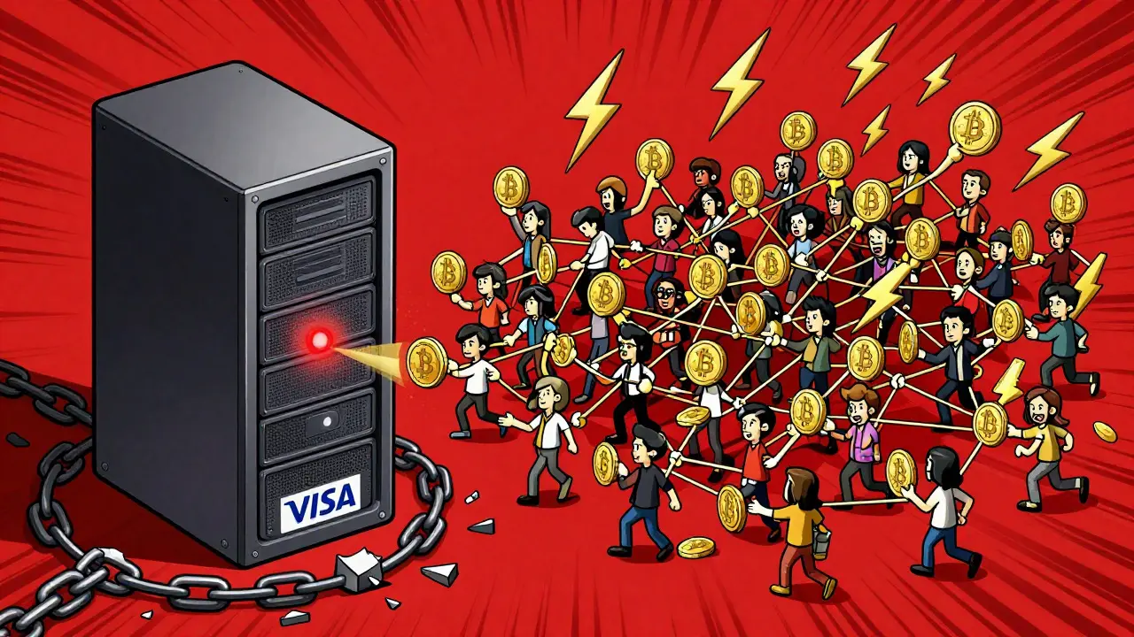 Contrasting centralized payment system vs. decentralized P2P Bitcoin network in editorial cartoon style.