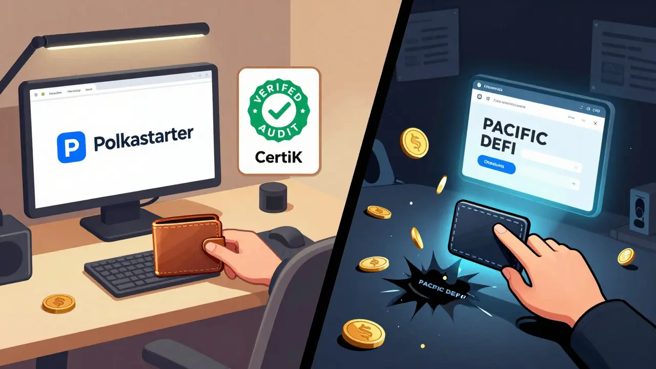 Contrasting scene: legitimate airdrop on one side, scam wallet connection on the other, cartoon illustration.