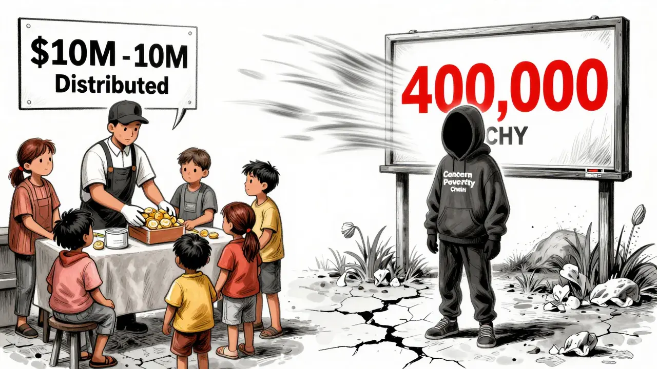 Contrasting scene: real charity helping family vs. hollow airdrop figure in front of billboard showing 400,000 worthless tokens.