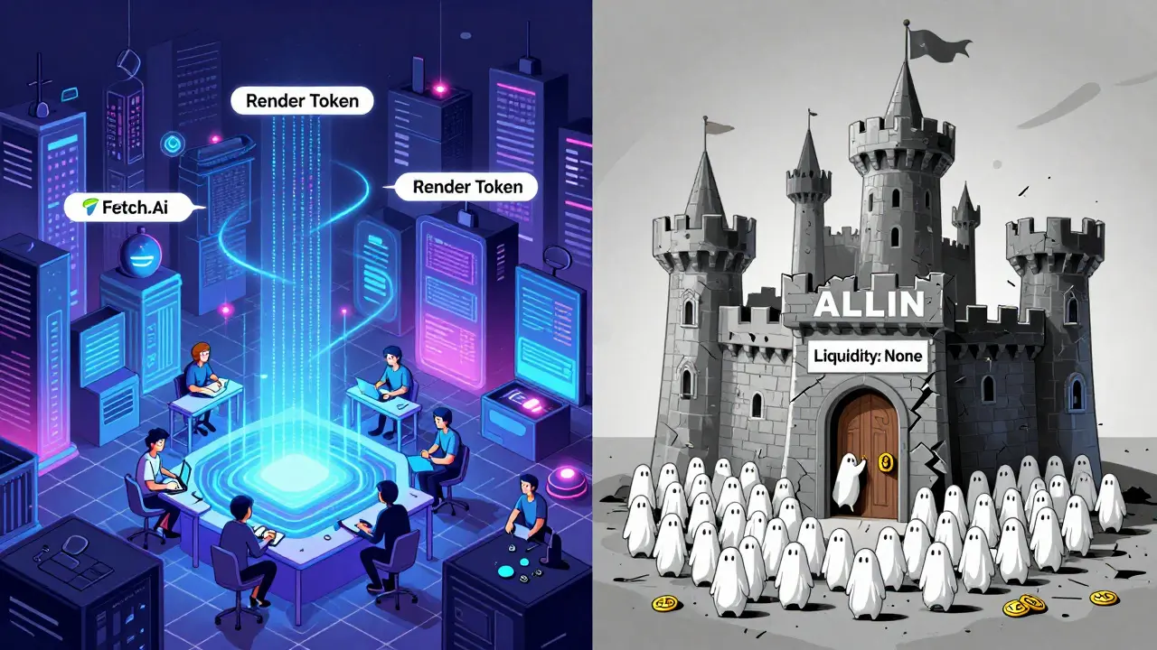 Contrasting thriving AI crypto projects with a crumbling, empty castle labeled ALLIN.