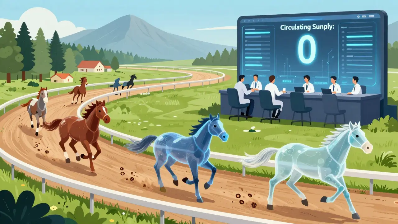Digital NFT horses racing over real landscapes, with a dashboard showing zero circulating OLY tokens in the background.