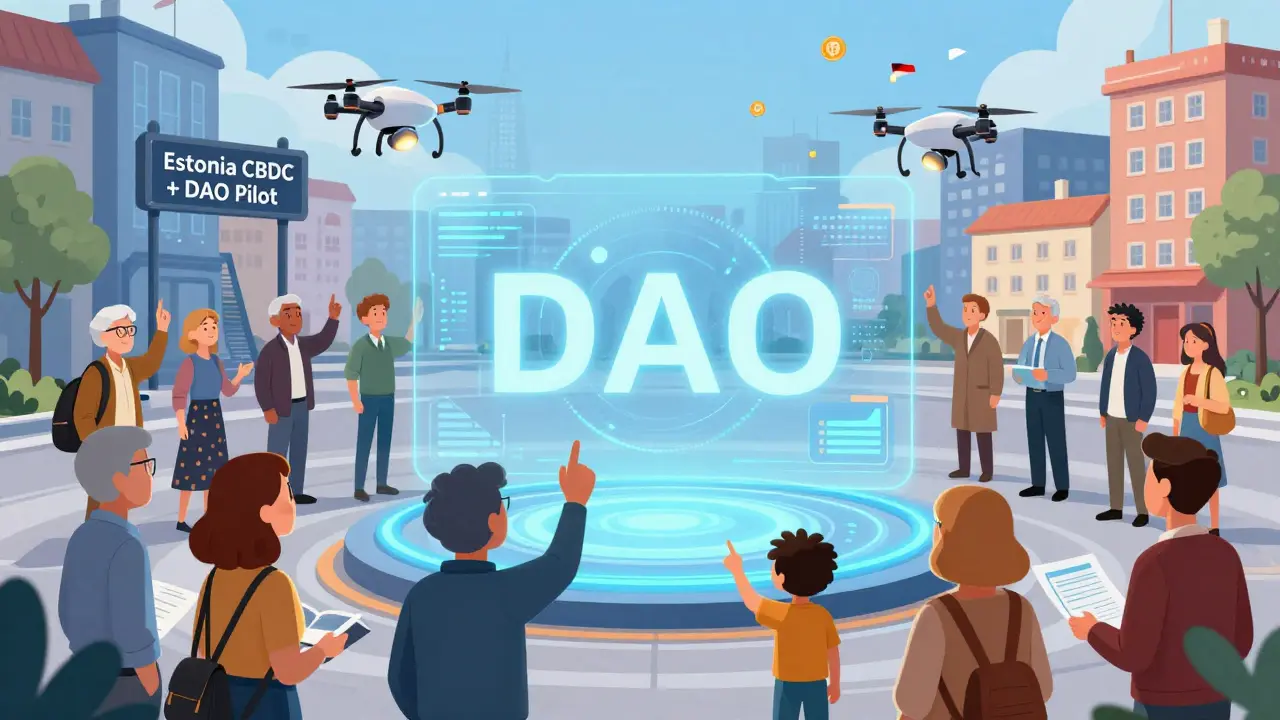 Diverse community voting at a holographic DAO interface while AI drones deliver grants and transparency metrics rise.