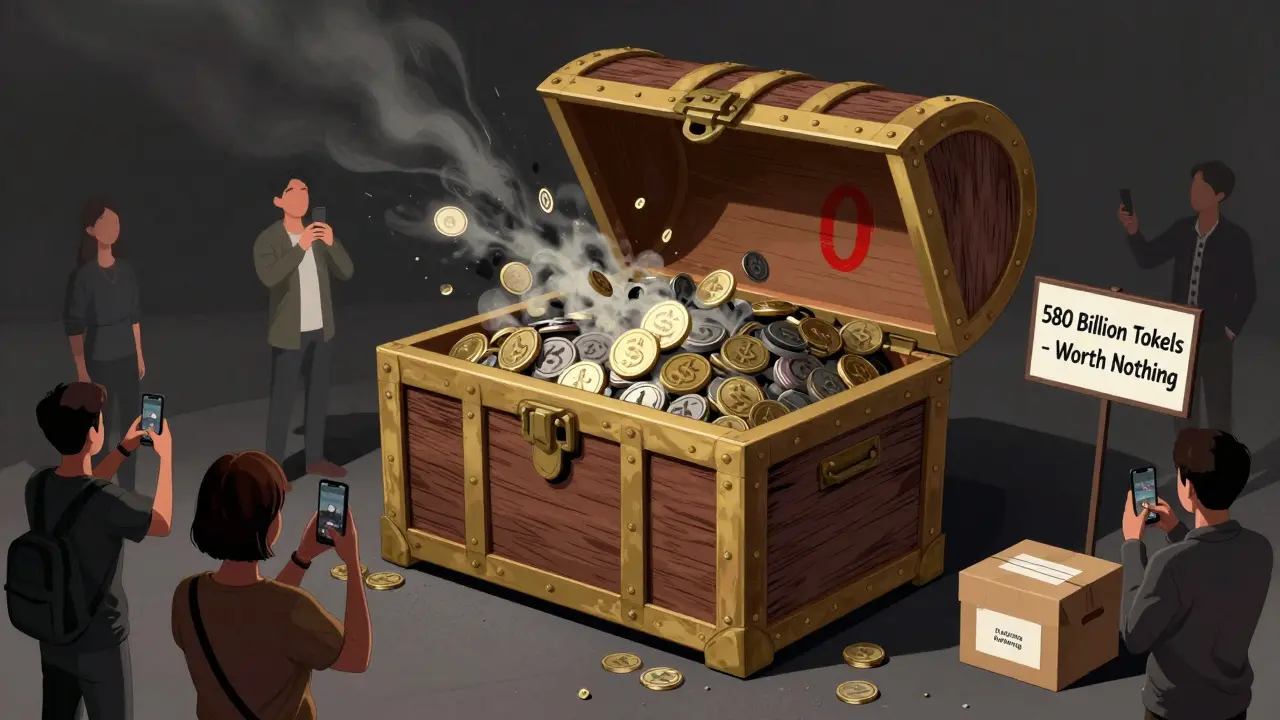 Giant empty treasure chest labeled CHY Airdrop overflows with tokens turning to ash, people taking selfies while real charity box goes ignored.