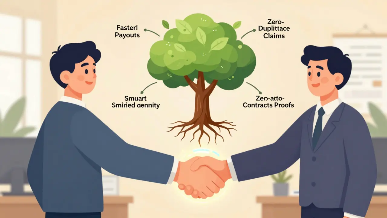 Handshake connected to a blockchain tree with roots of verified identity and smart contracts, symbolizing trust in insurance.