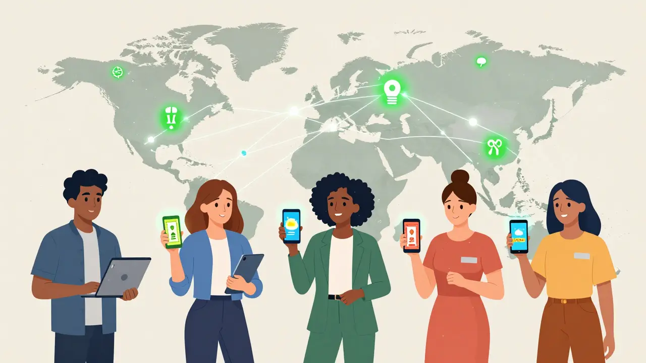 People around the world view NFTs with utility—concert tickets, weather art, and prints—connected by a global blockchain network.