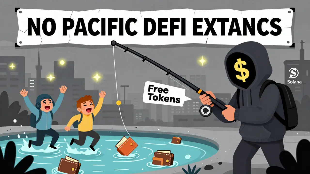 Scammer fishing for crypto wallets with fake airdrop bait, real projects shining in background, cartoon style.