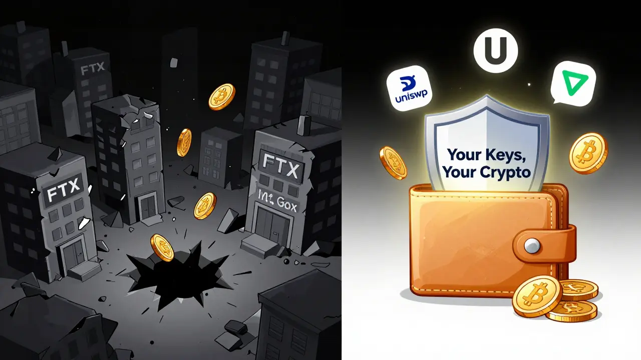 Split illustration: chaotic collapsed exchange on left, secure wallet on right with shield protecting crypto.