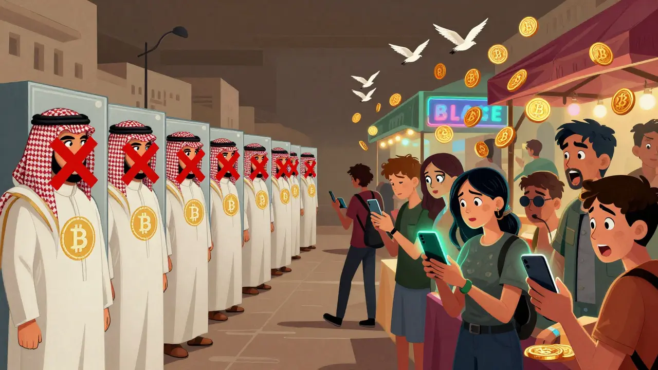 Split scene: banned banks on one side, young people trading crypto on phones on the other, digital coins floating like birds.