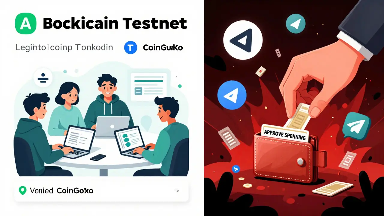 Split scene: legitimate crypto activity on one side, chaotic scam on the other, showing real vs fake airdrops.