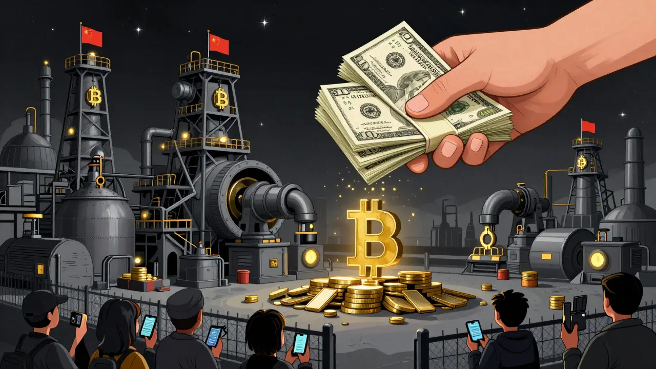 State-run crypto mining facility with officials collecting dollars while citizens watch from afar.