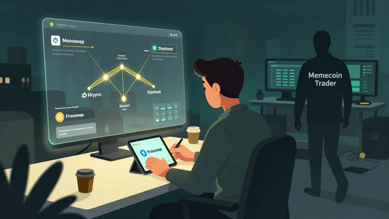 Trader using Fraxswap on tablet with cross-chain roadmap above, while a memecoin trader walks away from a cluttered, expensive DEX.