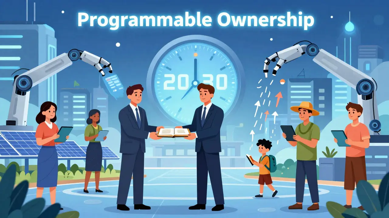 Traditional bankers handing ledgers to smart contract robots while everyday people buy fractional tokens of solar farms and coffee harvests.