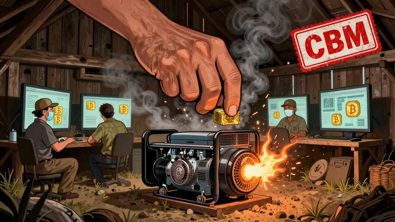 Underground crypto miners operate in a barn as a government hand crushes their operation with a digital kyat stamp.