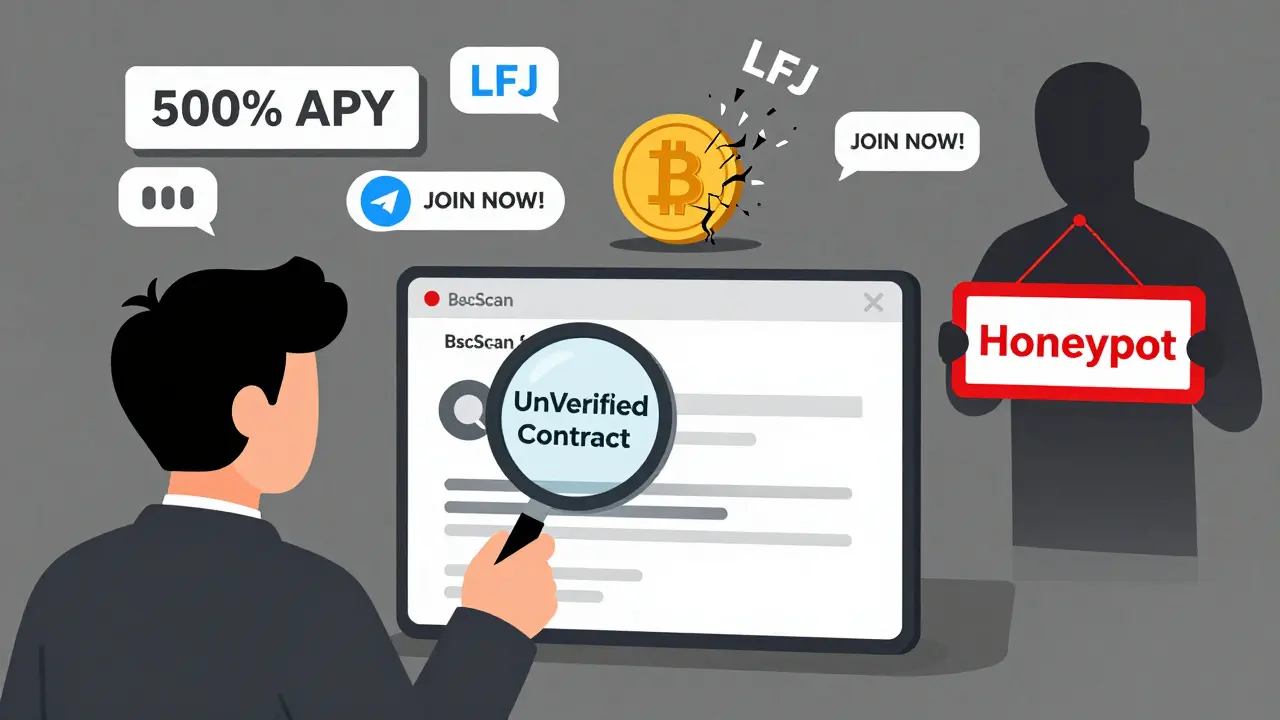 User examining a BscScan page showing an unverified contract, surrounded by scam signs and disappearing tokens.