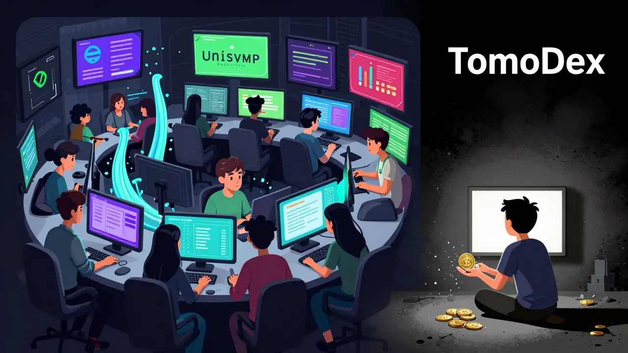 Vibrant active crypto exchanges contrast with a dusty, abandoned TomoDEX corner where coins turn to dust.