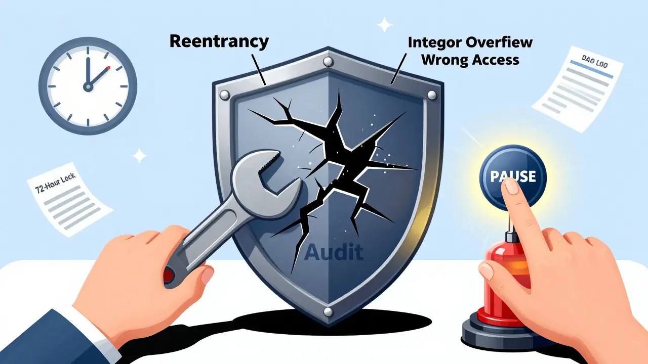 A blockchain security shield with three vulnerabilities being repaired by an audit wrench and emergency pause lever.