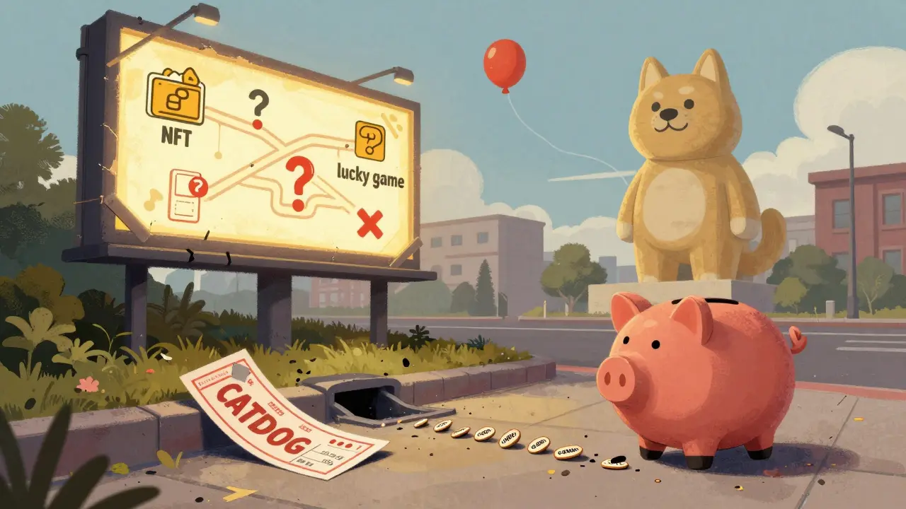 A broken lottery ticket for CatDog next to a dusty NFT roadmap, while a Dogecoin statue stands strong in the distance.
