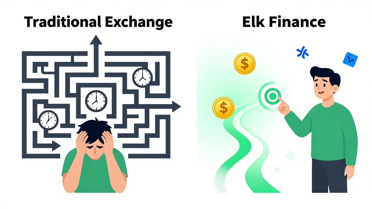 A comparison between complicated traditional crypto exchanges and the simple, efficient Elk Finance process.