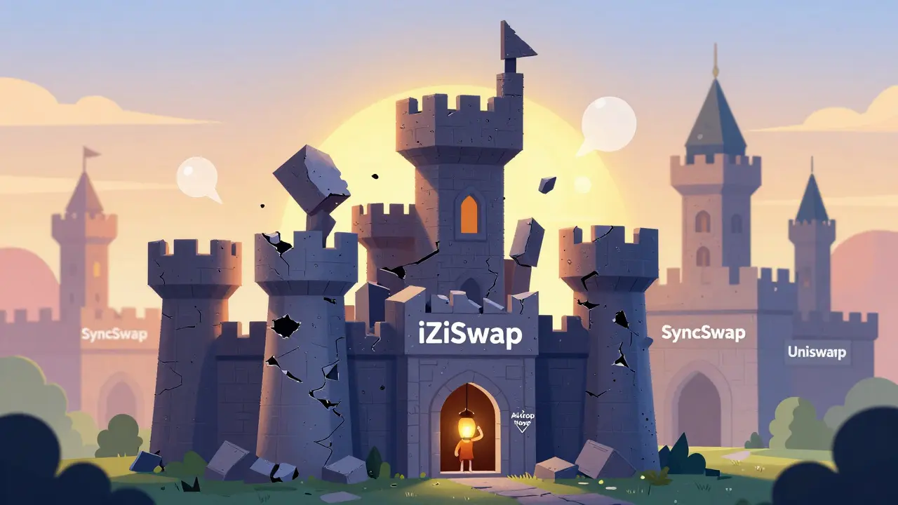 A crumbling castle labeled iZiSwap with one hopeful figure and ghostly zero-review bubbles, while other exchanges shine in the sunrise.
