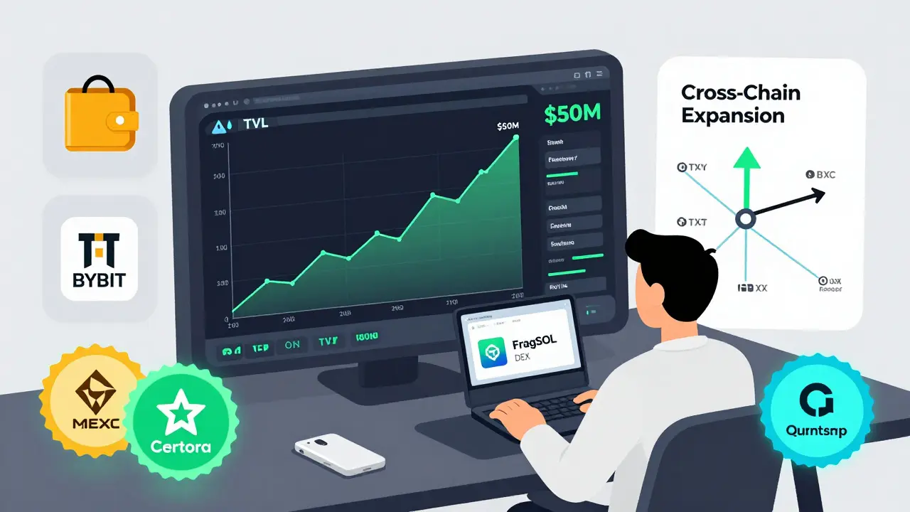 A dashboard shows M TVL and audit seals, with wallet icons and a roadmap to cross-chain expansion in cartoon style.