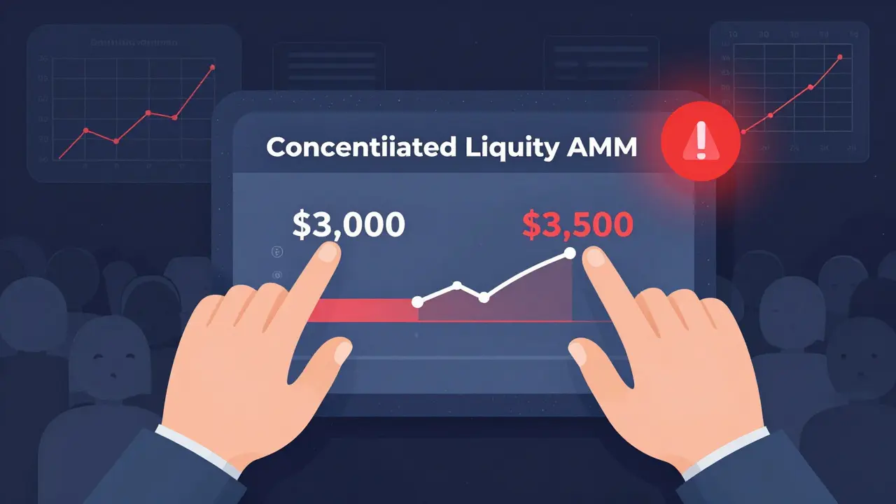 A dashboard with risky price sliders and empty charts, symbolizing concentrated liquidity without user activity.