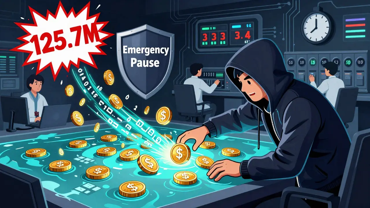 A hacker exploiting a stablecoin pool with floating decimal errors, while engineers activate an emergency pause shield and timelock mechanism.