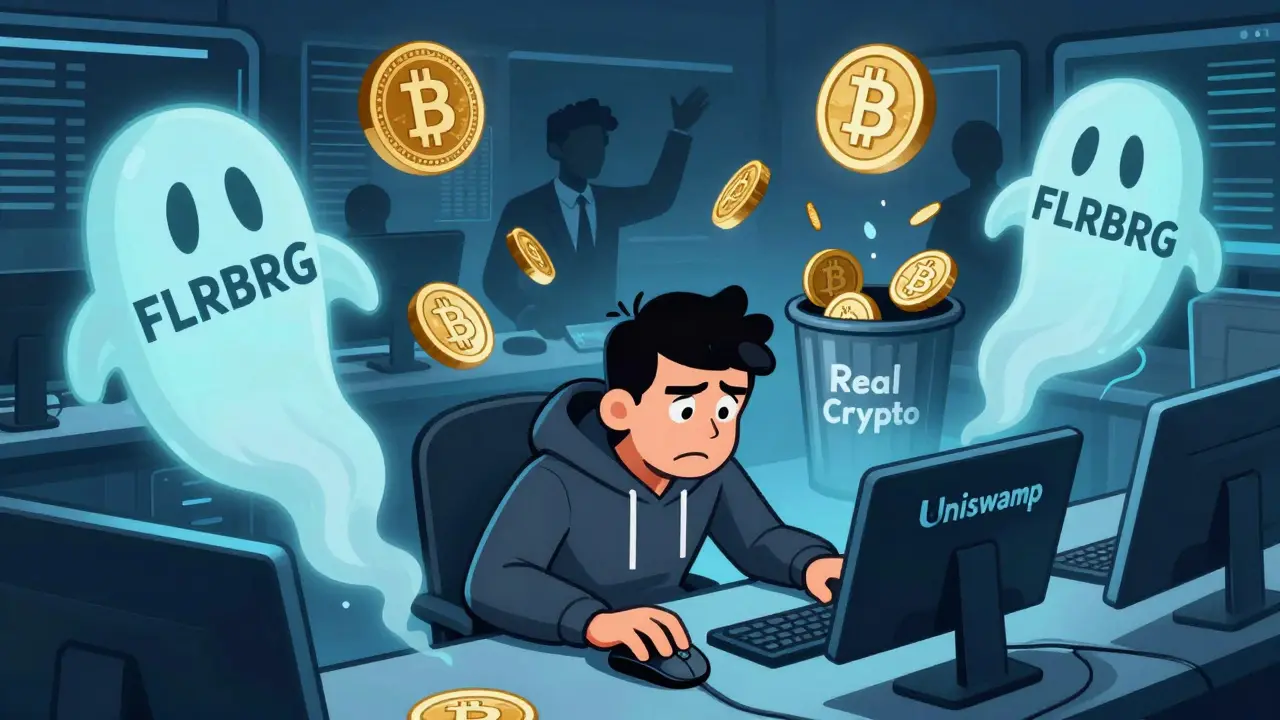 A lone trader at a chaotic crypto desk surrounded by dissolving FLRBRG tokens, while others discard real cryptocurrencies.
