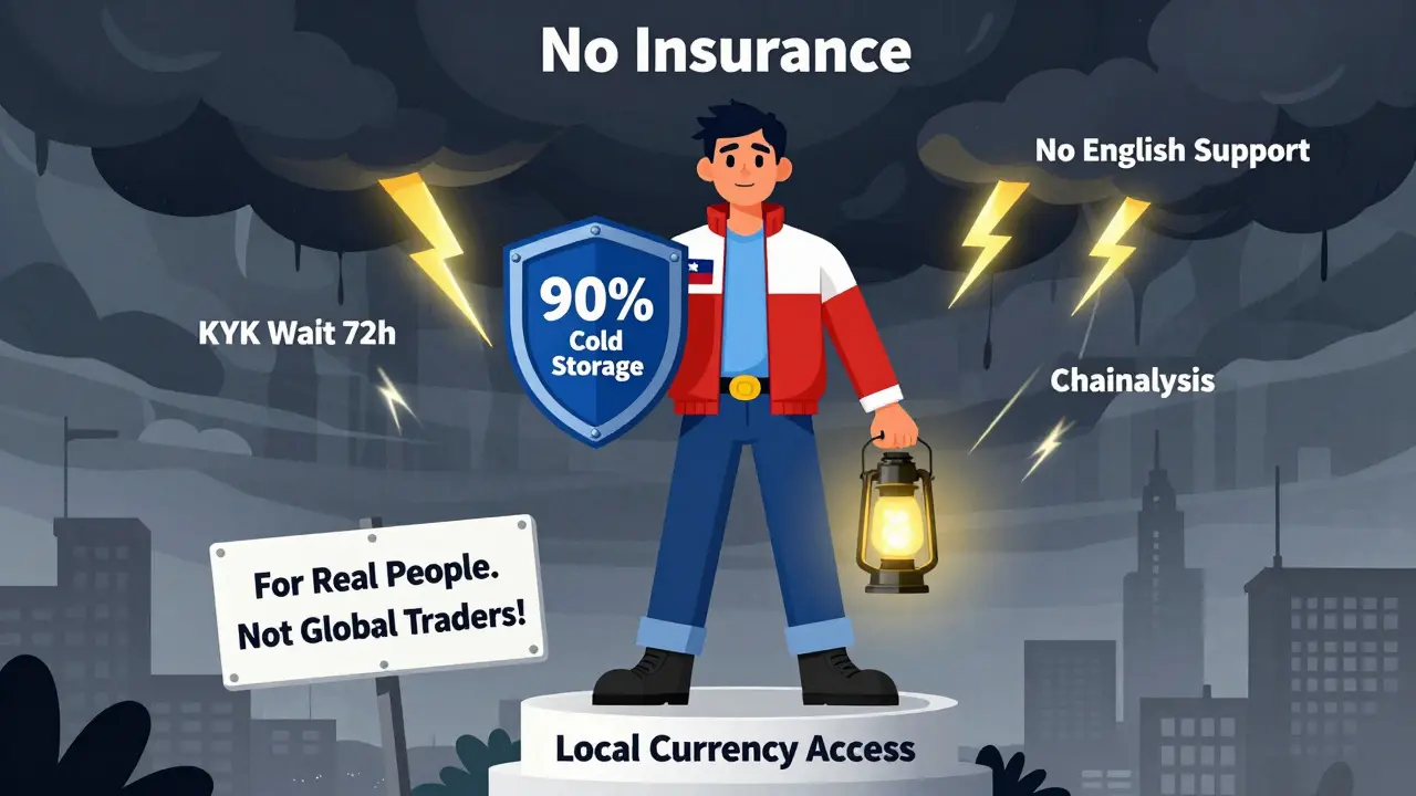 A person standing proudly with a shield for Buda’s security, while a dark storm labeled 'No Insurance' looms behind them.