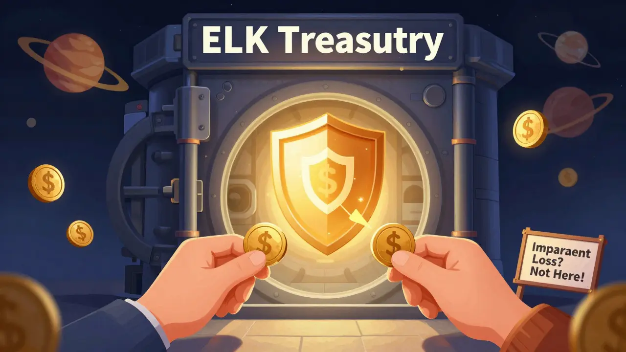A protective treasury shield restores lost token value, symbolizing Elk Finance's impermanent loss guarantee.
