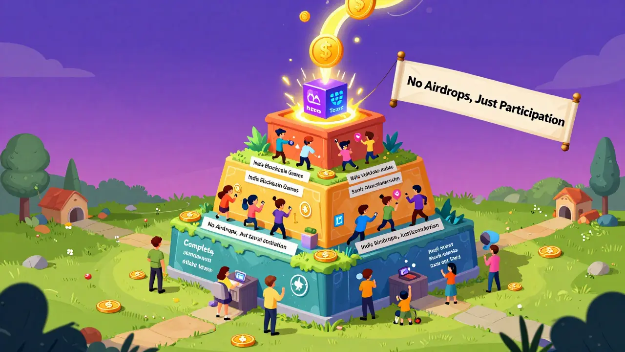 A pyramid showing Gamestarter's ecosystem with users, games, and NFTs powered by $GAME tokens flowing upward.