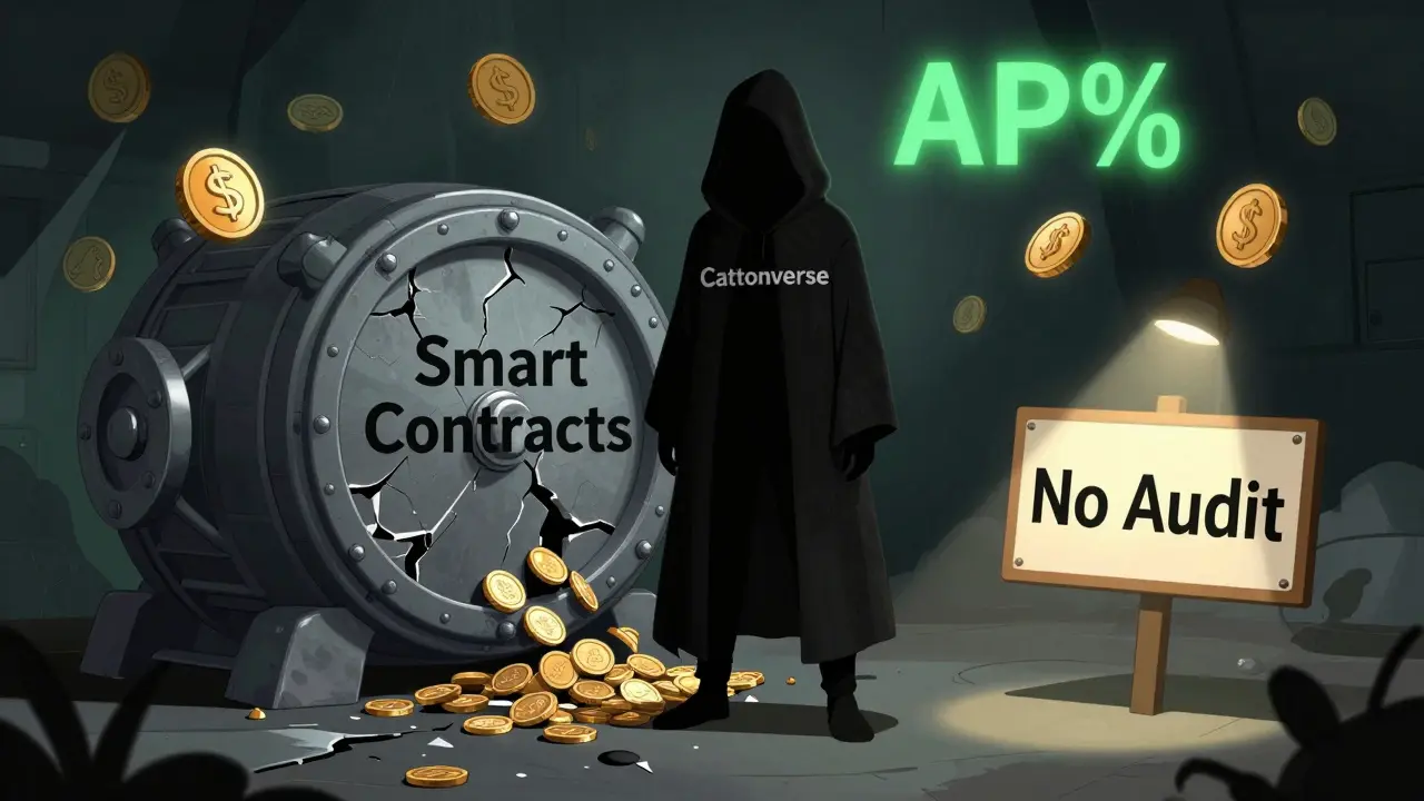 A shadowy figure stands behind a cracked vault labeled 'Smart Contracts', with unstable tokens and a 'No Audit' warning glowing nearby.