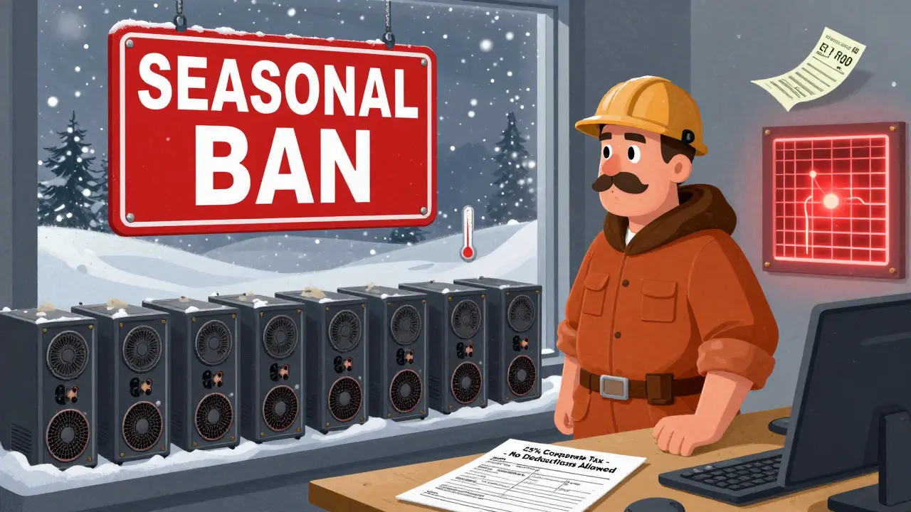 A Siberian miner surrounded by silent mining rigs under a seasonal ban sign, with a tax form showing no expense deductions.